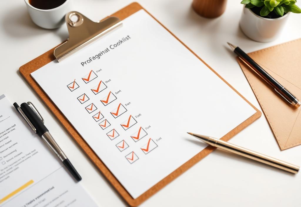 Checklist organizado em uma prancheta com documentos e caneta sobre uma mesa clara